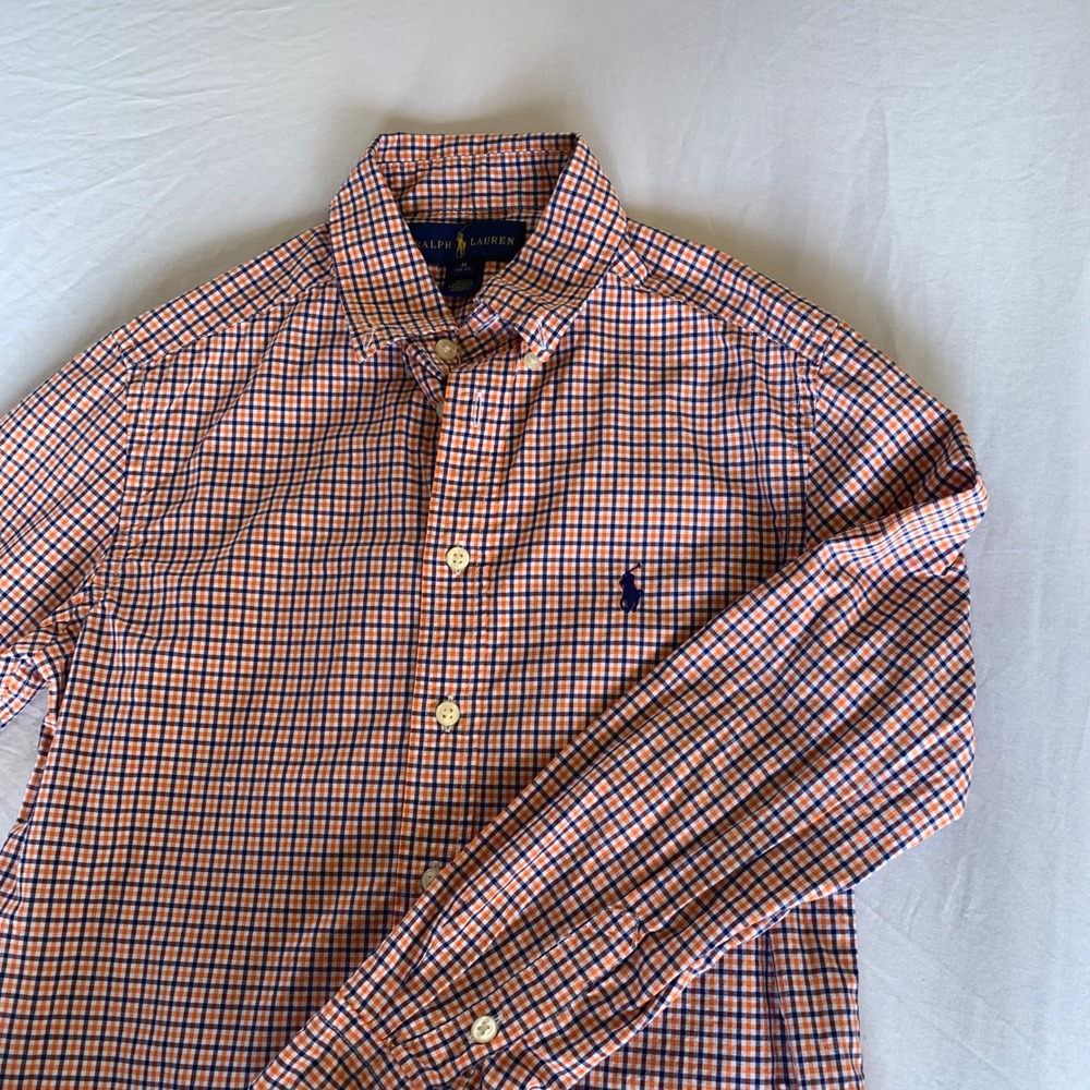 Polo Ralph Lauren Boys Orange Navy Blue Gingham Button Down Shirt‎ Size M 10-12